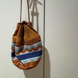 Bohemian leather/needlepoint Multicolor Drawstring Bag